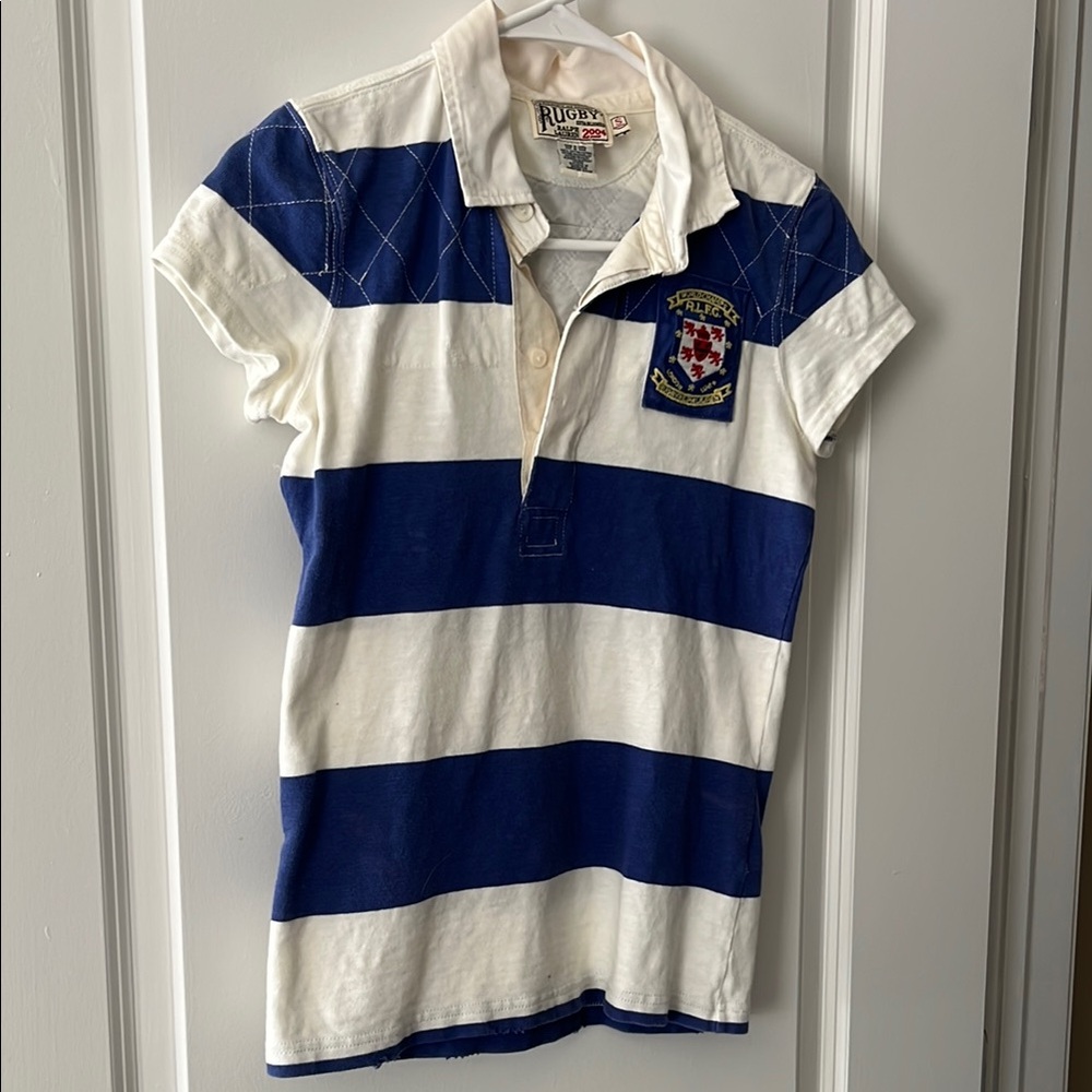 Ralph Lauren Rugby Blue & White Striped Polo Shirt small